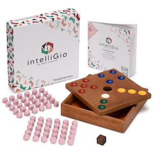 May include: A wooden board game called "Ferkelrennen" by intelliGio. The game includes a wooden board with a hole in the center, a die, and 50 pink pig figurines. The game is packaged in a box with a colorful geometric pattern.
