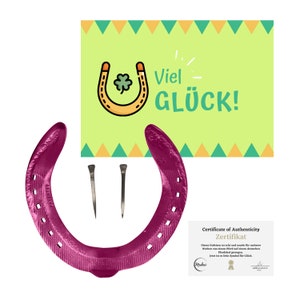 Véritable fer à cheval rose en aluminium fer à cheval usé avec certificat d'authenticité carte postale à offrir 2x clous de sabot en rose