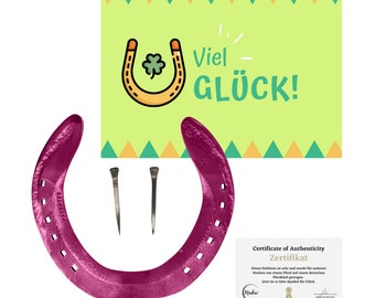 Real horse horseshoe in pink made of aluminum worn horseshoe with certificate of authenticity postcard to give as a gift 2x hoof nails in pink