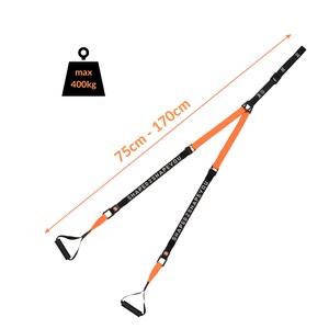 Pu&ograve; includere: Cinghie per esercizi arancioni e nere con lunghezza regolabile da 75 cm a 170 cm. Le cinghie hanno il testo "SHAPED2SHAPEYOU" stampato su di esse. La capacit&agrave; di peso massima &egrave; di 400 kg.