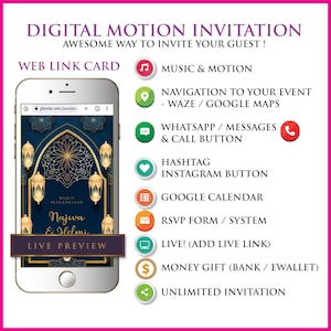 May include: A digital invitation card with a blue and gold design. The card features a live preview of the invitation, which includes a gold archway with lanterns and the text "Najiwa & Helmi". The card also includes a list of features, such as music and motion, navigation to your event, WhatsApp and call button, hashtag and Instagram button, Google calendar, RSVP form, live link, money gift, and unlimited invitations.