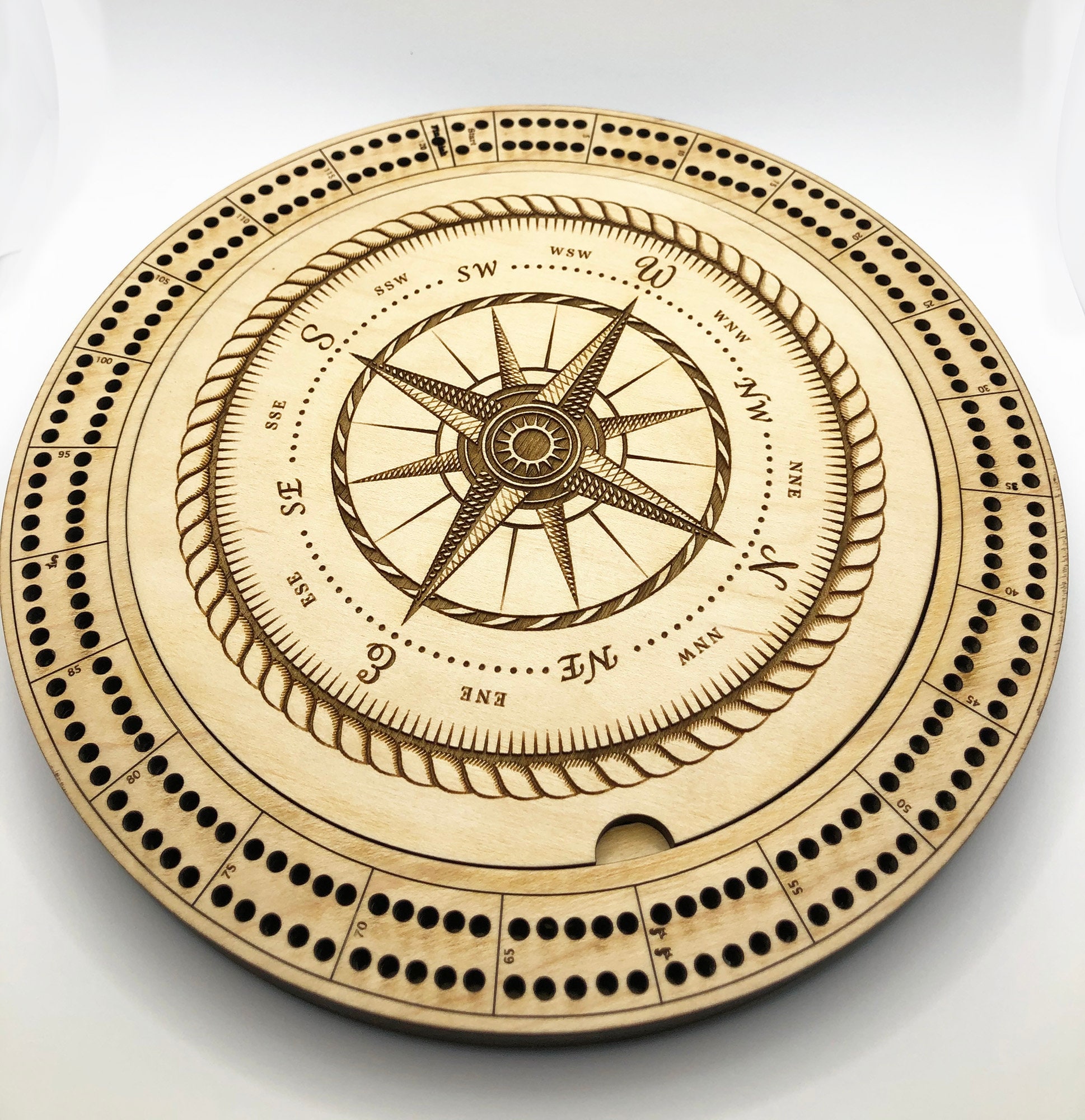 Cribbage Board round wood 2 player Nautical Compass Etsy