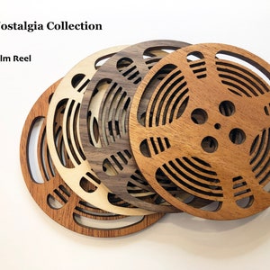 Film Reel Coaster Wood, Set of 4, mixed wood types, Film and Movie Enthusiast, Home Theatre decor, Retro Film, Vintage Reel,