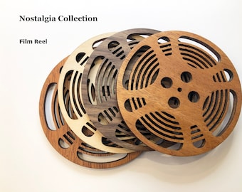 Film Reel Coaster Wood, Set of 4, mixed wood types, Film and Movie Enthusiast, Home Theatre decor, Retro Film, Vintage Reel,