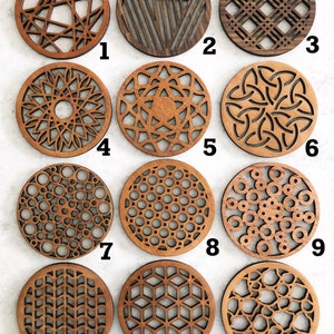 Coasters Round Wood, Geometric, Celtic, Mid Century Modern, Mix and Match, hostess gifts, house warming gift, modern decor,