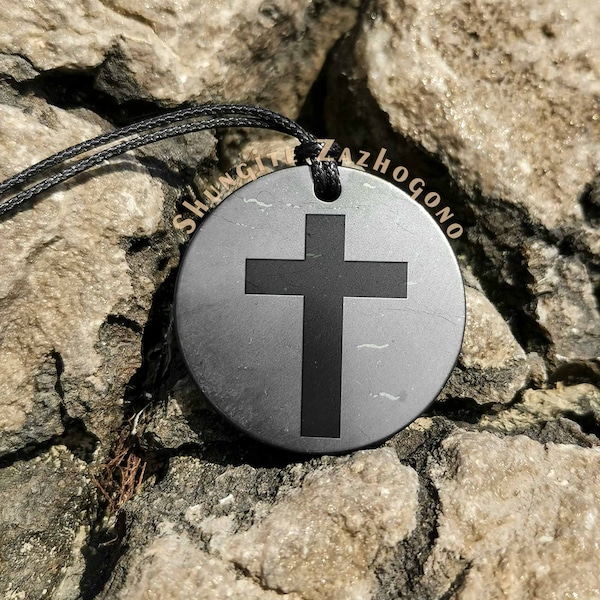 Cross Pendant - Made of Authentic Shungite Stone - Rare Black Fullerene Rock - Protection Necklace