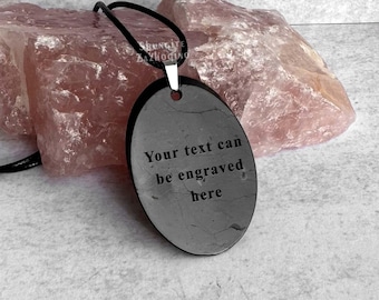 Energy Flow Oval Pendant - Made of Rare Raw Rock Shungite - Natural Black Stone