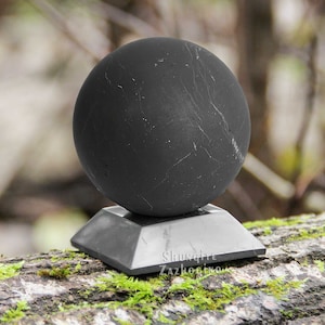 3.2 inches Shungite sphere with square shungite  stand | Unpolished surface | High quality Karelian authentic Shungite stone made in Russia