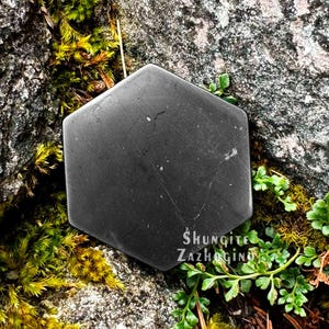 Może przedstawiać: Czarny sześciokątny kamień shungitu na mchu i skałach. Kamień ma gładką, wypolerowaną powierzchnię. Na kamieniu widoczny jest napis "Shungite Zazhogino".
