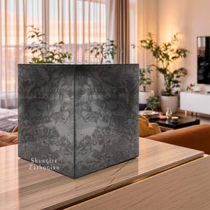 Op de afbeelding: Een donkergrijs, kubusvormig object met een gemarmerd patroon en de tekst "Shungite Zazhogino" op de voorkant. Het object staat op een lichtgekleurd houten oppervlak in een goed verlichte kamer met planten en meubels.