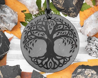 Big Size Shungite Necklace 1.77 in | Shungite Celtic Tree of Life Amulet | Authentic Russian Shungite Black Stone
