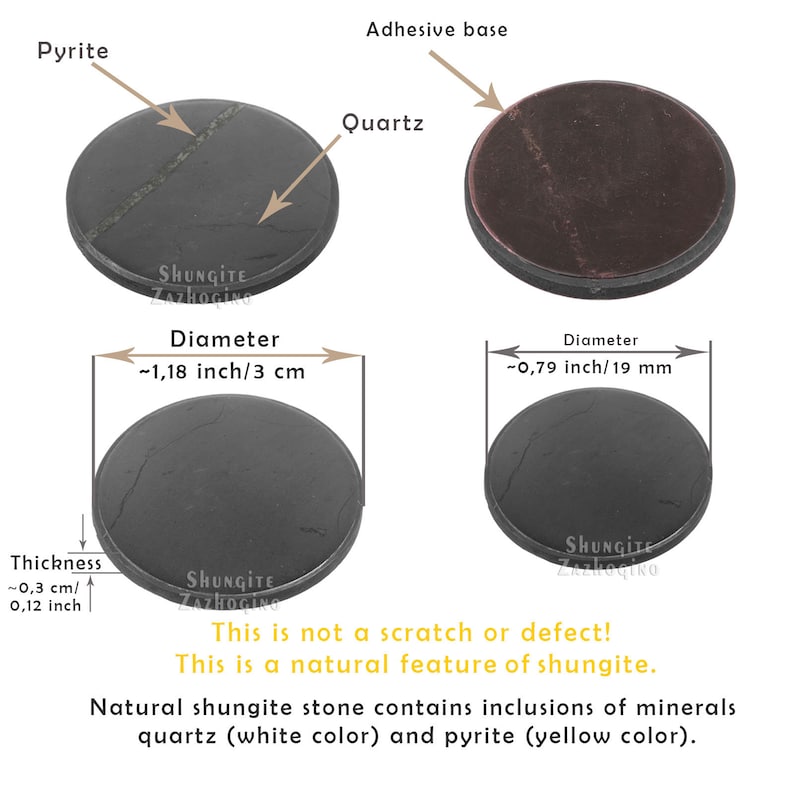 May include: A collection of round, black shungite stones with varying diameters and thicknesses. One stone shows a pyrite inclusion, and another has an adhesive base. The text indicates these are natural features. The diameter is approximately 1.18 inches/3 cm and 0.79 inches/19 mm.