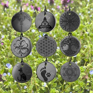 Various Shungite pendants engraved amulets | Choose your own | Nine different styles | Size 1.4 inches | Authentic Russian shungite stone