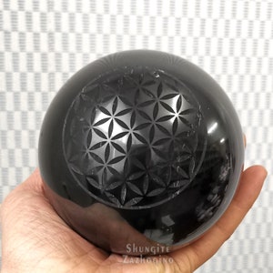 Shungite Crystal Spheres - Big and Small Size - Engraved Drawing Flower of Life plus Shungite Stand - Limited Special Edition