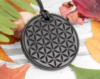 Flower of Life Shungite pendant | Double-sided drawing | Authentic Shungite stone necklace | Karelian Black stone