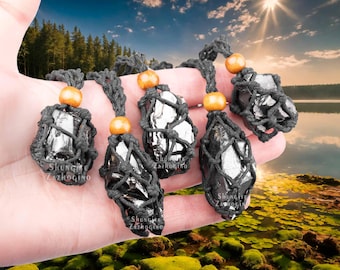 Elite Noble Shungite - Large Shungite Necklace - Braided Rope - Authentic Silver Rock Type 1 - Carbon 98% - Fullerene - Raw Rock Necklace
