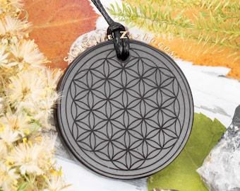 Sacred Geometry Stone Necklace - Flower of Life - Made of Natural Black stone Shungite - It's one of the Rarest rocks on Earth - Big Size