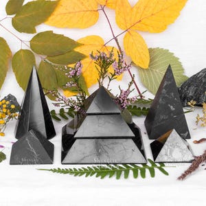 May include: Five black shungite pyramids of varying sizes, with the largest pyramid being a three-tiered pyramid. The pyramids are arranged on a white surface with fall foliage and flowers surrounding them.