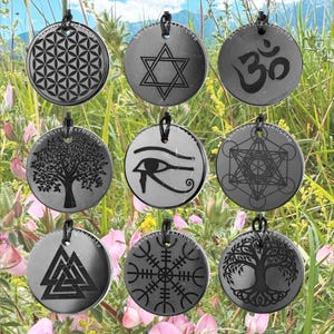 Large shungite necklace | Big Various Shungite pendants engraved amulets | Nine different styles | Size 1.8 in | Authentic shungite stone