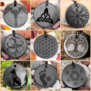 Various Shungite pendants engraved amulets | Choose your own | Nine different styles | Size 1.4 inches | Authentic Russian shungite stone