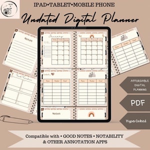 Könnte beinhalten: Ein digitaler Planer auf einem Tablet-Bildschirm mit einem braunen und beigefarbenen Farbschema. Der Planer enthält Abschnitte für Notizen, Kontakte und einen Monatskalender. Der Text "Undated Digital Planner" befindet sich oben auf dem Bildschirm. Der Planer ist kompatibel mit GoodNotes, Notability und anderen Anmerkungs-Apps.