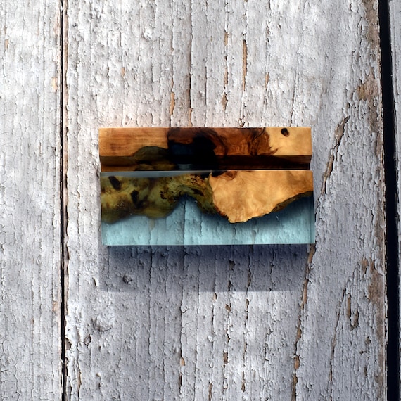 Luxury Olive Wood and Clear Blue Resin Card Holder – Handmade Business Card Display, Natural Desk Accessory, Minimalist Wood Resin Stan