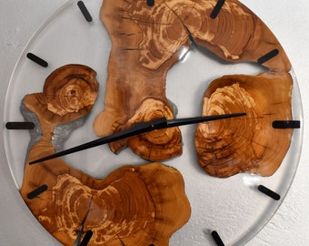 Epoxy Wall Clock - Transparent resin - Home Decor - Olive Wood - Handmade