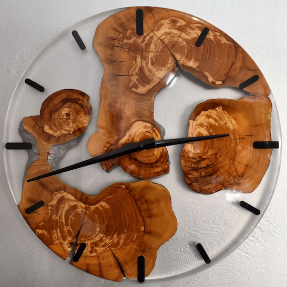Epoxy Wall Clock - Transparent resin - Home Decor - Olive Wood - Handmade