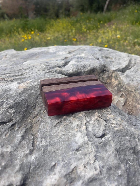 Walnut Resin Business Card Holder | Handmade Card Stand 9x6cm | Deep Red Epoxy & Wood Desk Accessory for Office or Gift
