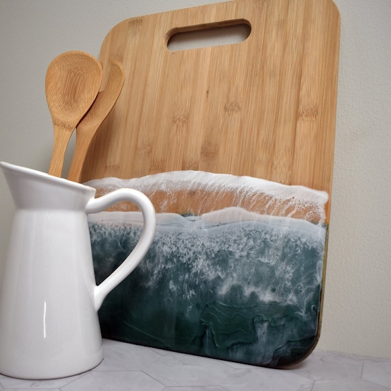 Epoxy Serving Cutting Board with Ocean Waves, Handmade, Home Decor