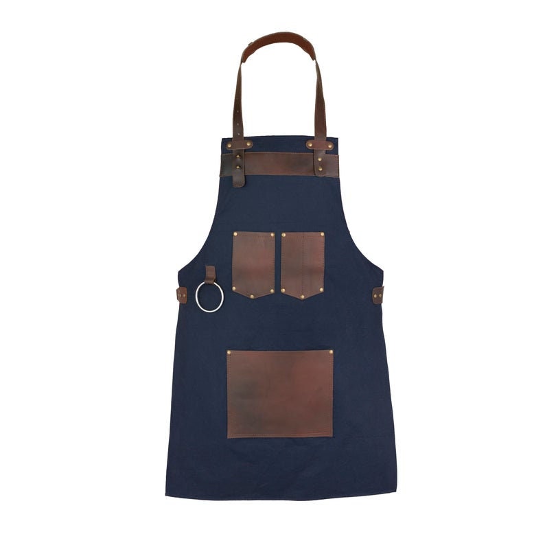 tablier en toile bleue avec poches cuir véritable - tablier de boucher barbecue cuisinier