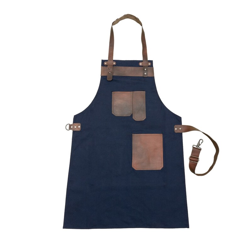 Blue Canvas Apron With Leather Pockets Butcher Apron Cook Etsy UK