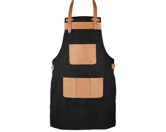 Black Canvas Apron with Leather pockets Butcher Apron - BBQ Apron - Cooking Apron