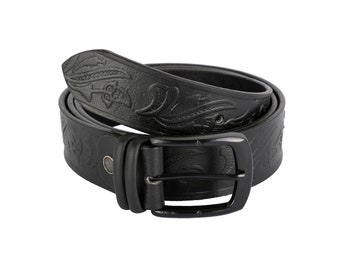 Black Floral Embossed Genuine Leather Belt Gift for him