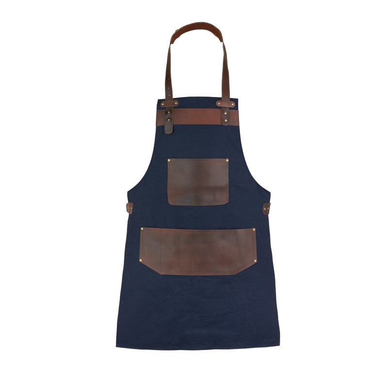 Blue Canvas Apron with Top Grain Leather pockets- Butcher Apron-BBQ Apron- Cook Apron