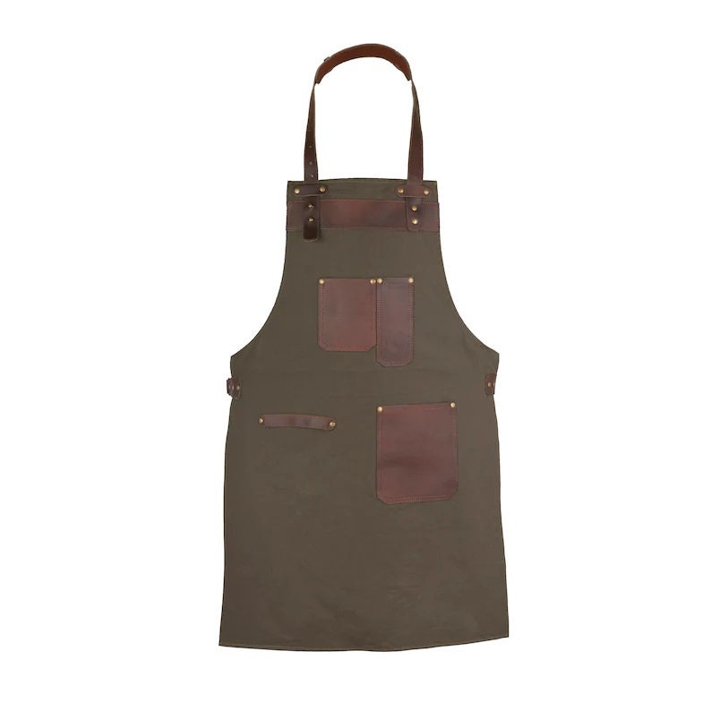 tablier en toile verte avec poches cuir haut de gamme tablier cuisine - barbecue boucher