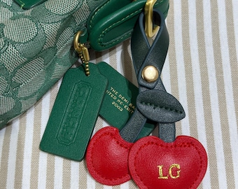 Personalised Cherries Bag Charm, Vegan Leather Initial Keychain Luggage Tag