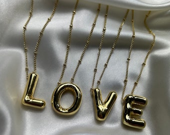 Gold Balloon Initial Necklace, 18K Plated Custom Letter Bubble Pendant Necklace, Personalised Jewellery