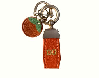 Personalised Orange Keyring, Fruit Keychain, Hand Stamped Vegan Leather Custom Monogram Gift for New Car, New Home, Birthday