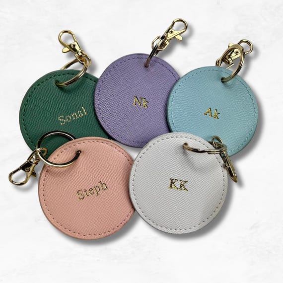 Personalised Circle Keyring, Vegan Leather Initial Bag Charm, Custom Luggage Tag, Monogram Keychain