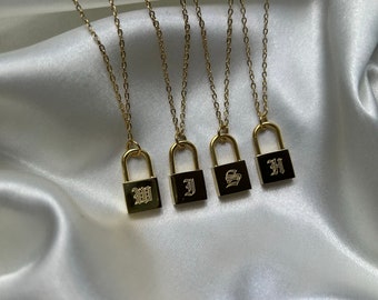 Old English Initial Padlock Necklace, 18K Gold Plated Custom Letter Necklace, Personalised Jewellery