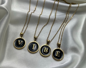Black Enamel Initial Necklace, 18K Gold Plated Custom Letter Pendant, Personalised Jewellery