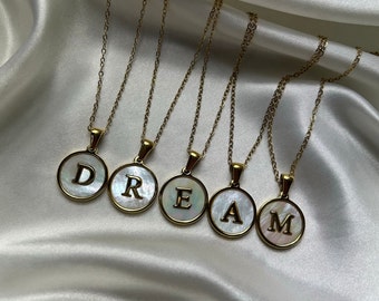 Pearl Enamel Initial Necklace, 18K Gold Plated Custom Letter Circle Pendant Necklace, Personalised Jewellery