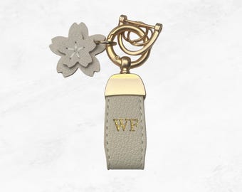 Personalised Vegan Leather Keychain, Flower Keyring, Custom Monogram Bag Charm