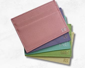 Personalised Saffiano Leather Card Holder, Custom Monogram Initials Wallet, Name Purse