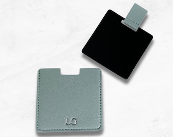 Personalised Compact Mirror, Vegan Leather Custom Name Initials Pocket Mirror