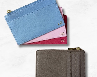 Personalised Card Holder with Zip, Vegan Leather Custom Monogram Initial Purse, Wallet, Personalised Gift