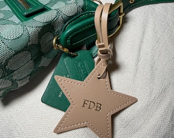 Personalised Star Bag Charm, Vegan Leather Monogram Initial Keyring, Luggage Tag, Custom Bag Accessory