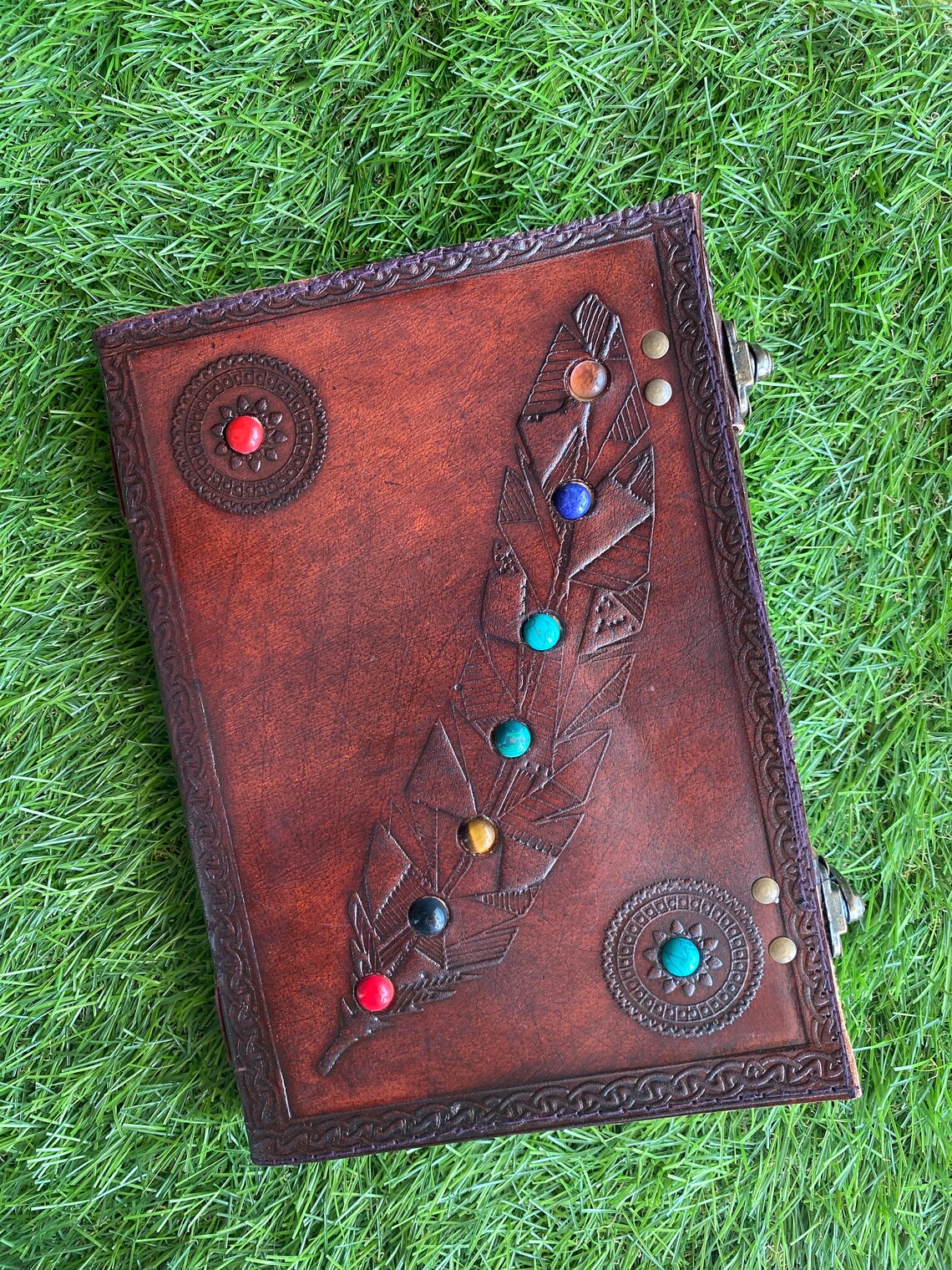Leather Journal Grimoire Spell Book Embossed Leaf With Seven Etsy