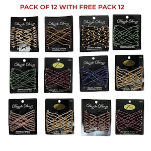May include: Twelve packs of hair combs with beaded designs in various colors, including gold, brown, green, blue, pink, and burgundy. Each pack includes a double comb and the text "Dazzle Dooz" and "7-toe" on the packaging.